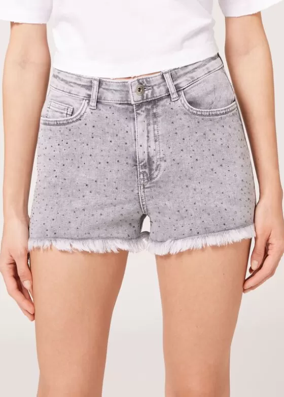 Cheap Denim Shorts With Diamante Applique Details Jeans