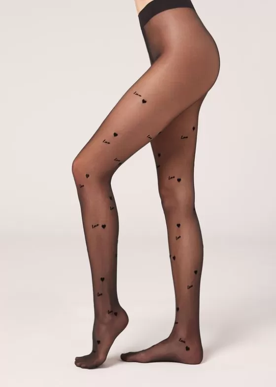 Best Sale Flock Love Wording 30 Denier Sheer Tights Patterned Tights