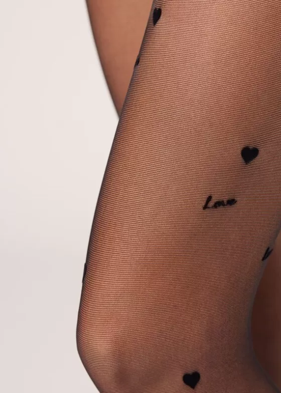 Best Sale Flock Love Wording 30 Denier Sheer Tights Patterned Tights